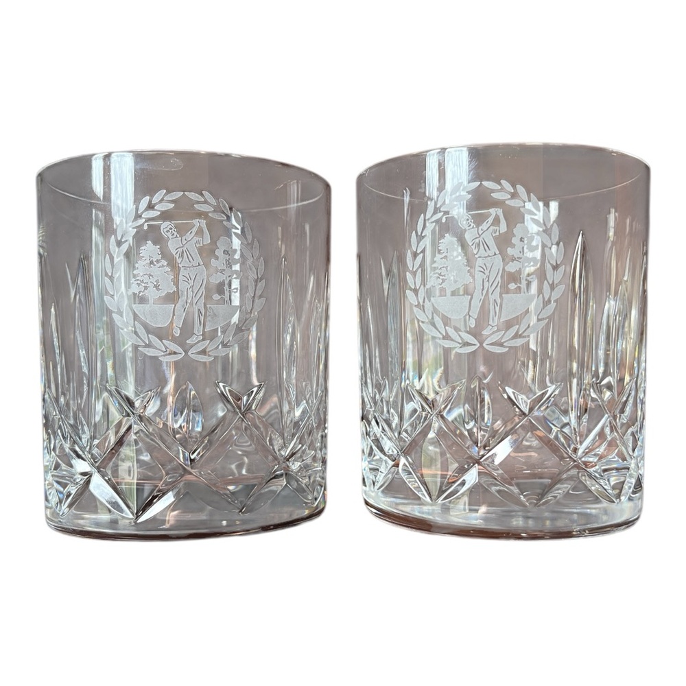 Waterford Crystal Mourne Double Old Fashion Whiskey Glasses w Etched Golf Design